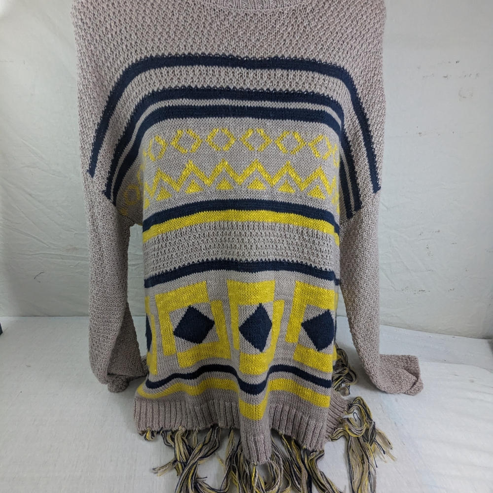 Hayden Lis Angeles Striped Fringe Poncho Sweater - Yellow and Gray